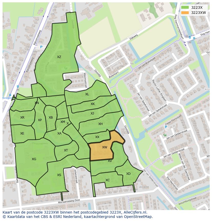 Afbeelding van het postcodegebied 3223 XW op de kaart.
