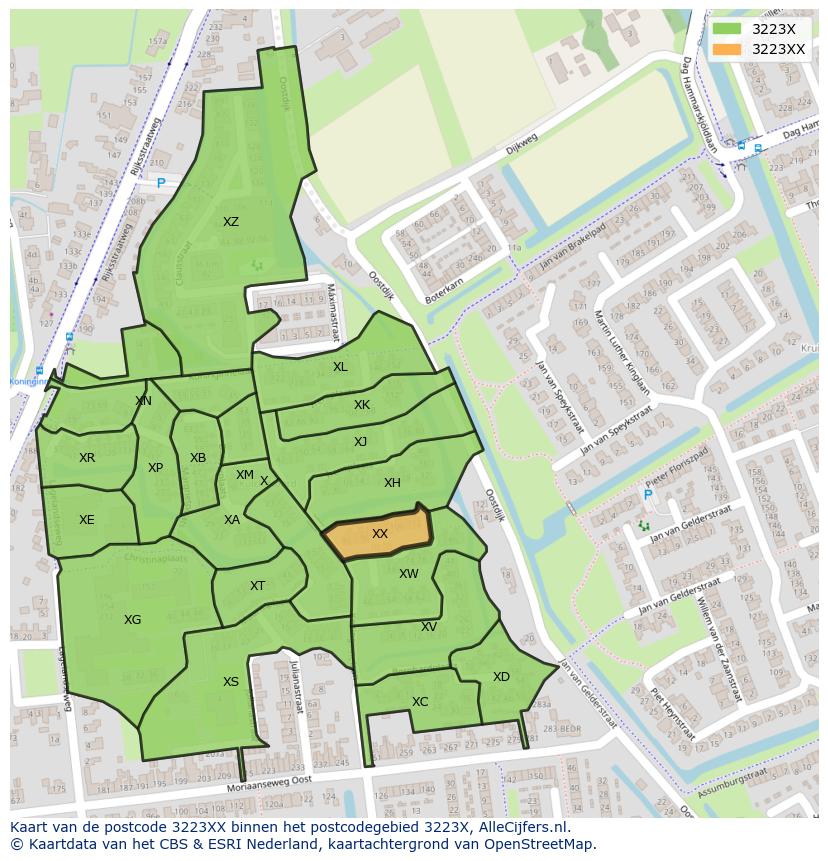 Afbeelding van het postcodegebied 3223 XX op de kaart.