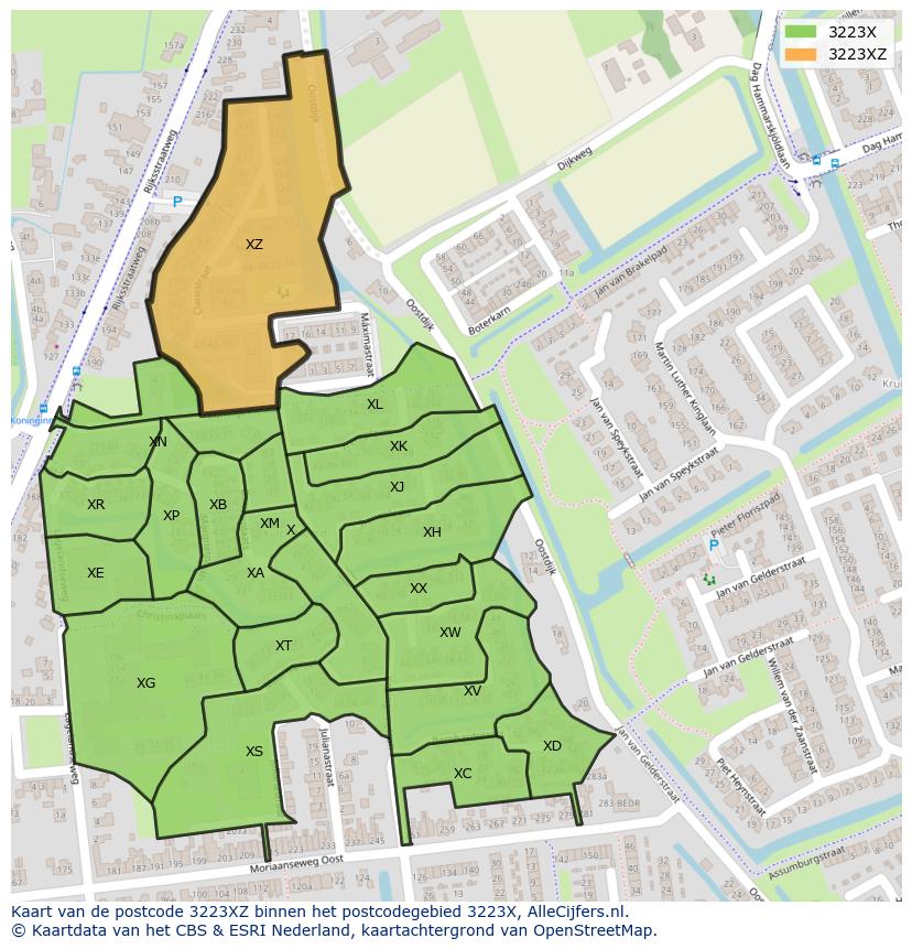 Afbeelding van het postcodegebied 3223 XZ op de kaart.
