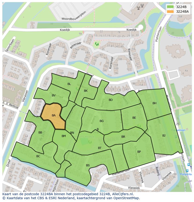 Afbeelding van het postcodegebied 3224 BA op de kaart.