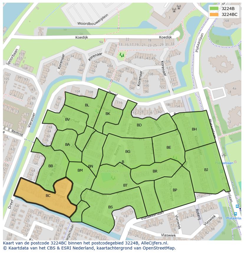 Afbeelding van het postcodegebied 3224 BC op de kaart.