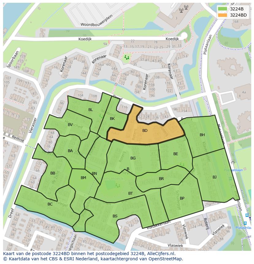 Afbeelding van het postcodegebied 3224 BD op de kaart.