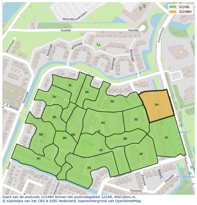 Afbeelding van het postcodegebied 3224 BH op de kaart.