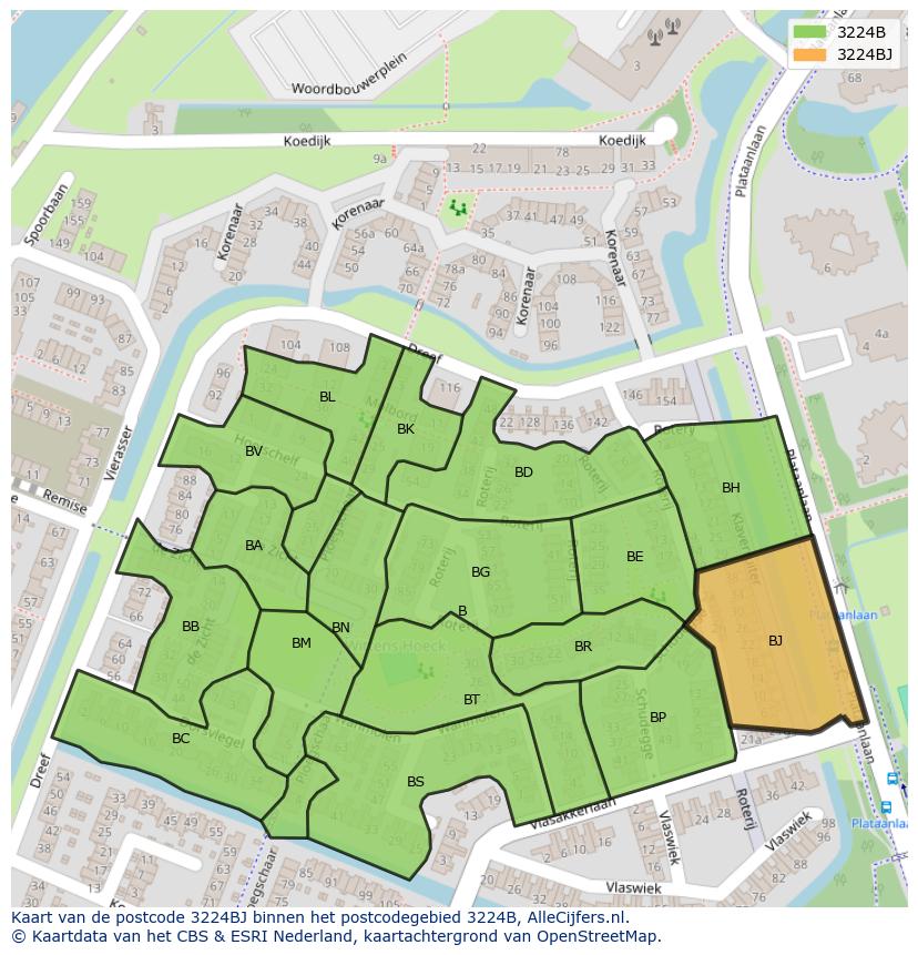 Afbeelding van het postcodegebied 3224 BJ op de kaart.