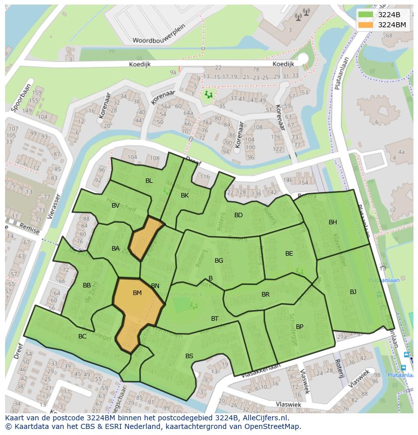 Afbeelding van het postcodegebied 3224 BM op de kaart.