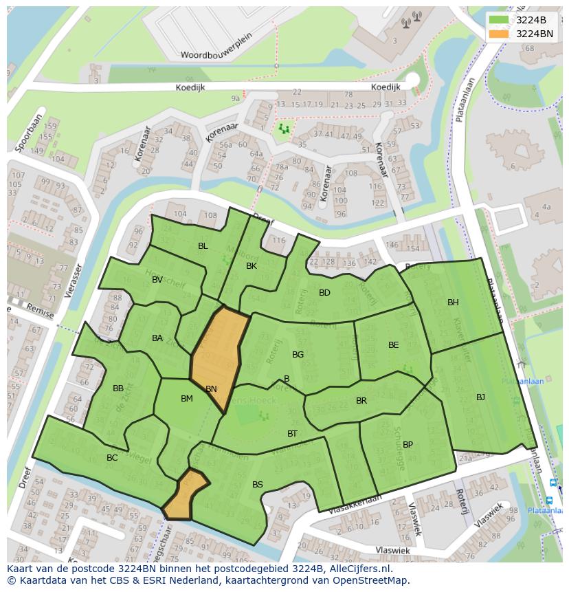 Afbeelding van het postcodegebied 3224 BN op de kaart.