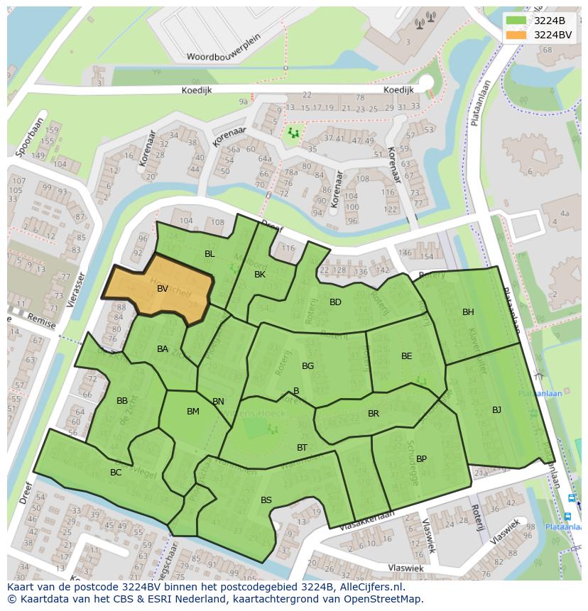 Afbeelding van het postcodegebied 3224 BV op de kaart.