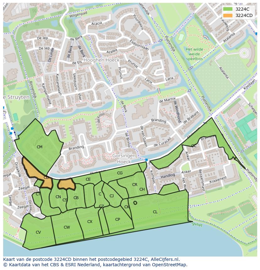 Afbeelding van het postcodegebied 3224 CD op de kaart.