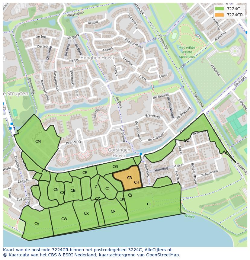Afbeelding van het postcodegebied 3224 CR op de kaart.