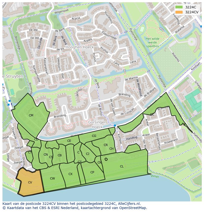 Afbeelding van het postcodegebied 3224 CV op de kaart.
