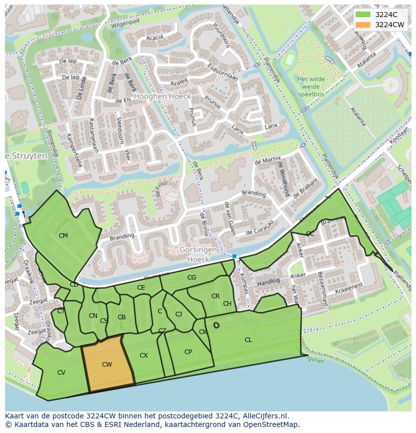 Afbeelding van het postcodegebied 3224 CW op de kaart.
