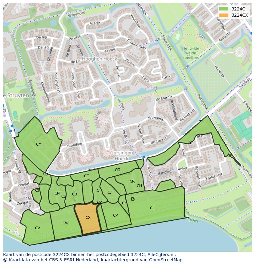 Afbeelding van het postcodegebied 3224 CX op de kaart.