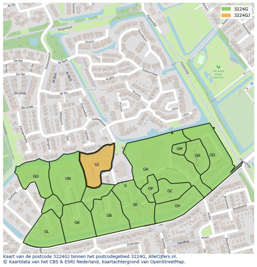 Afbeelding van het postcodegebied 3224 GJ op de kaart.