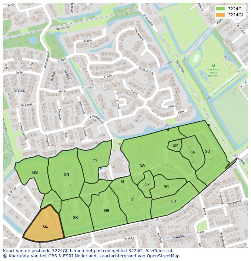 Afbeelding van het postcodegebied 3224 GL op de kaart.