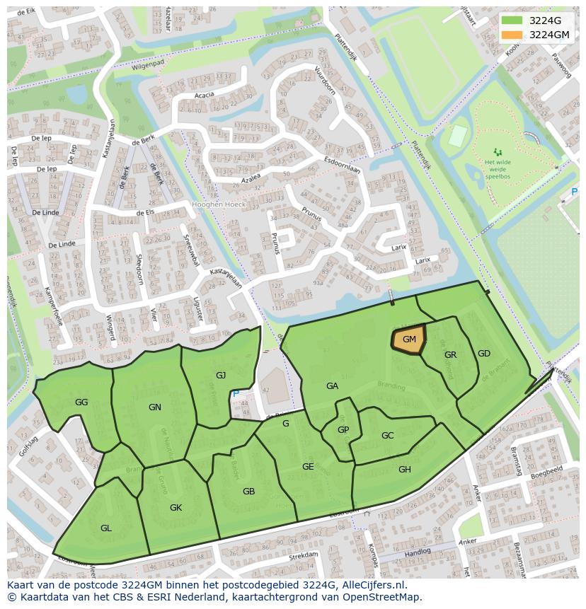 Afbeelding van het postcodegebied 3224 GM op de kaart.
