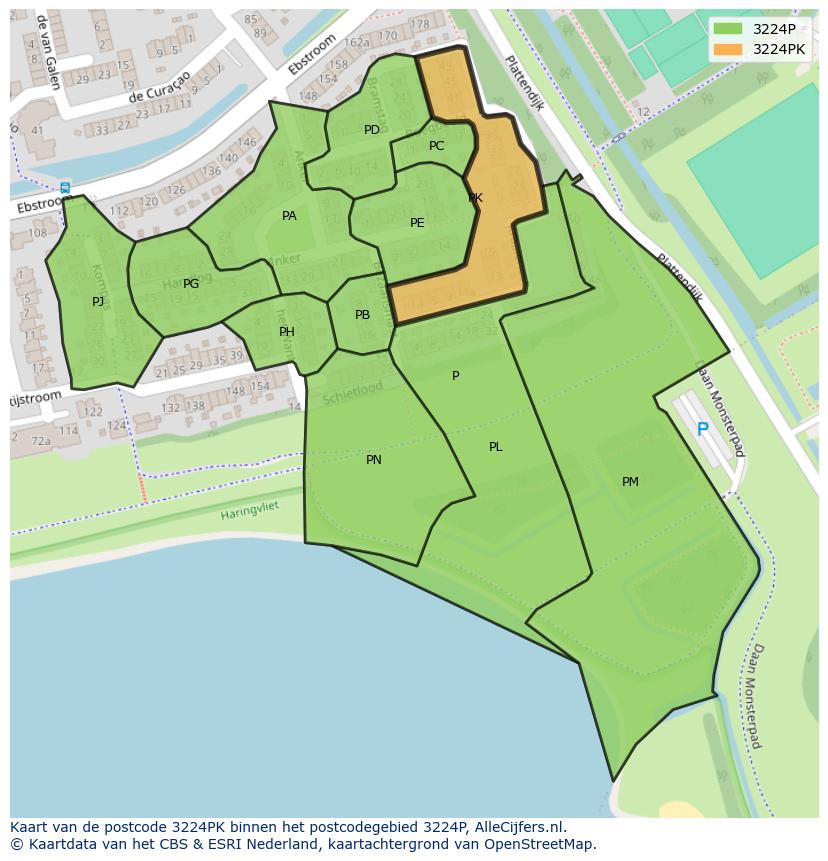 Afbeelding van het postcodegebied 3224 PK op de kaart.