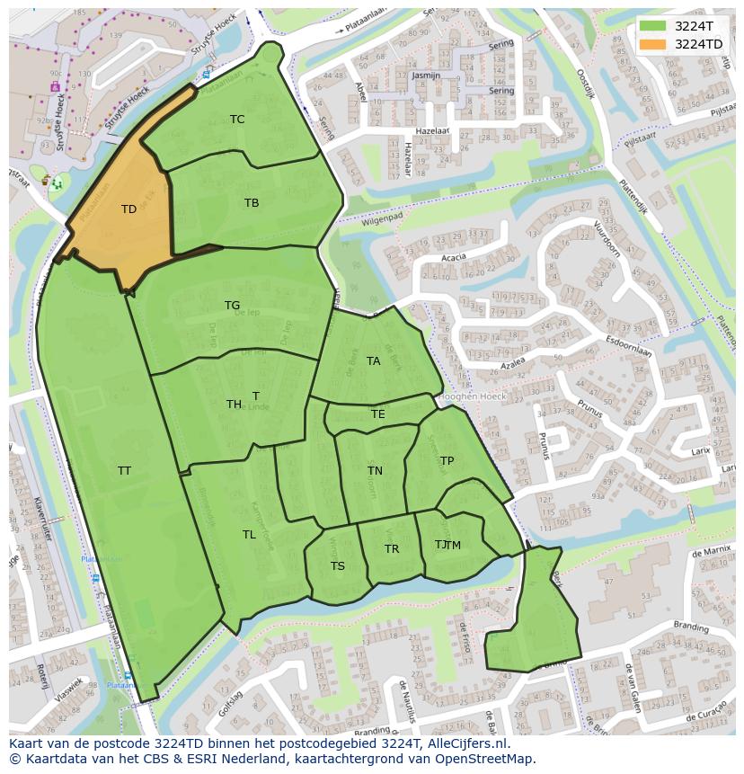 Afbeelding van het postcodegebied 3224 TD op de kaart.