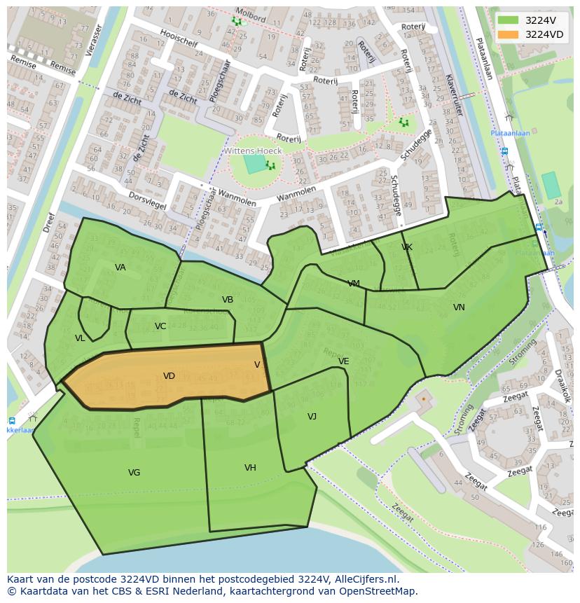 Afbeelding van het postcodegebied 3224 VD op de kaart.