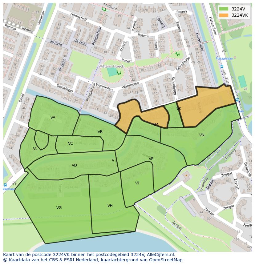 Afbeelding van het postcodegebied 3224 VK op de kaart.