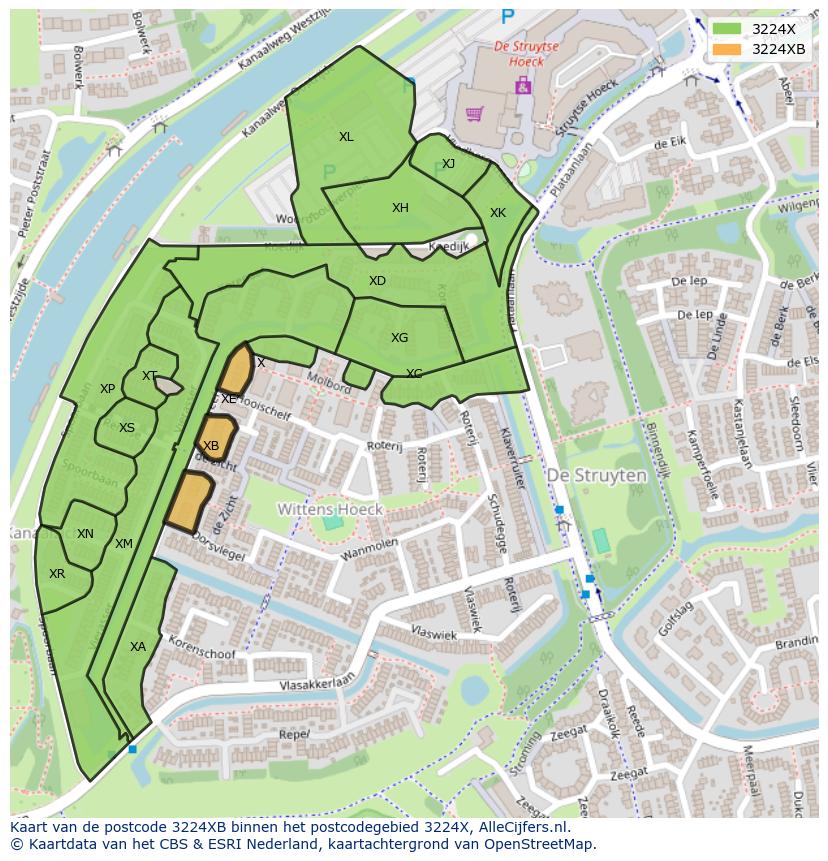 Afbeelding van het postcodegebied 3224 XB op de kaart.