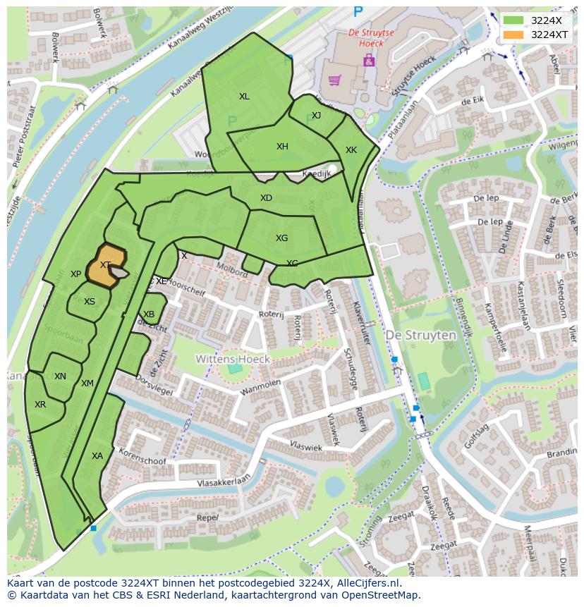 Afbeelding van het postcodegebied 3224 XT op de kaart.