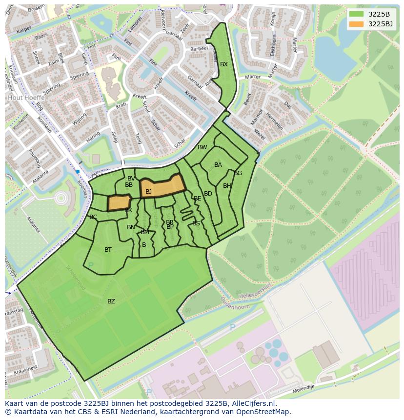 Afbeelding van het postcodegebied 3225 BJ op de kaart.