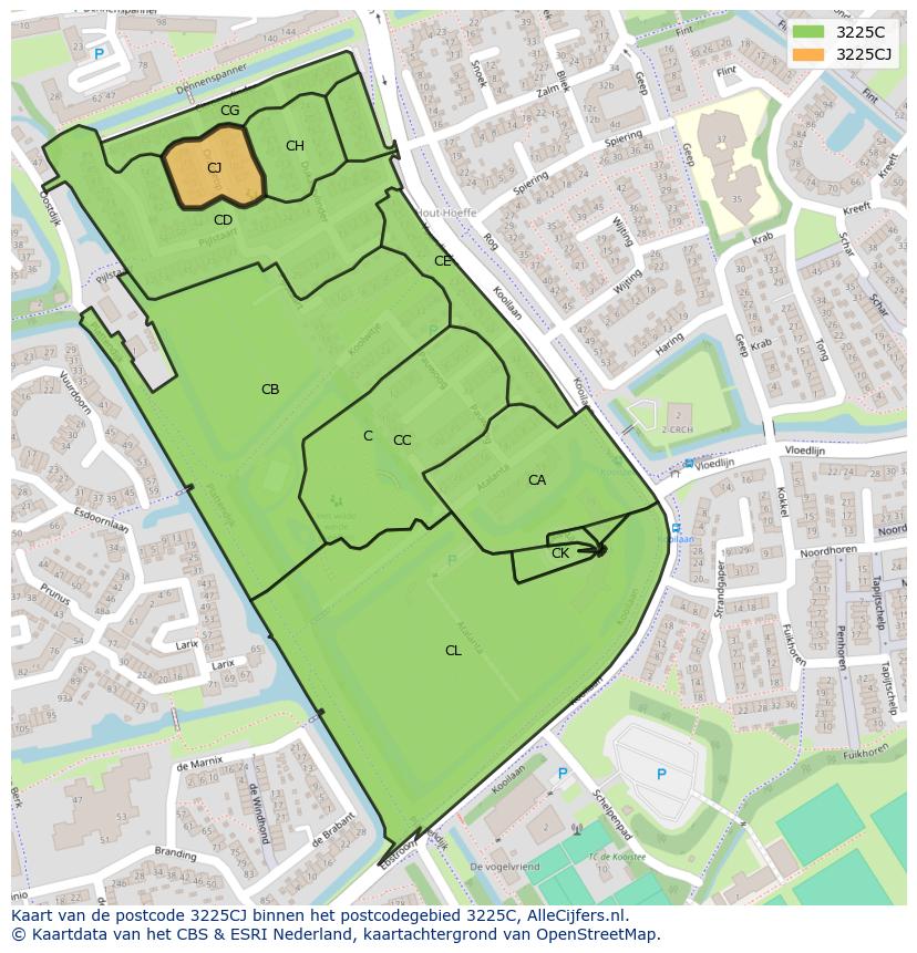 Afbeelding van het postcodegebied 3225 CJ op de kaart.