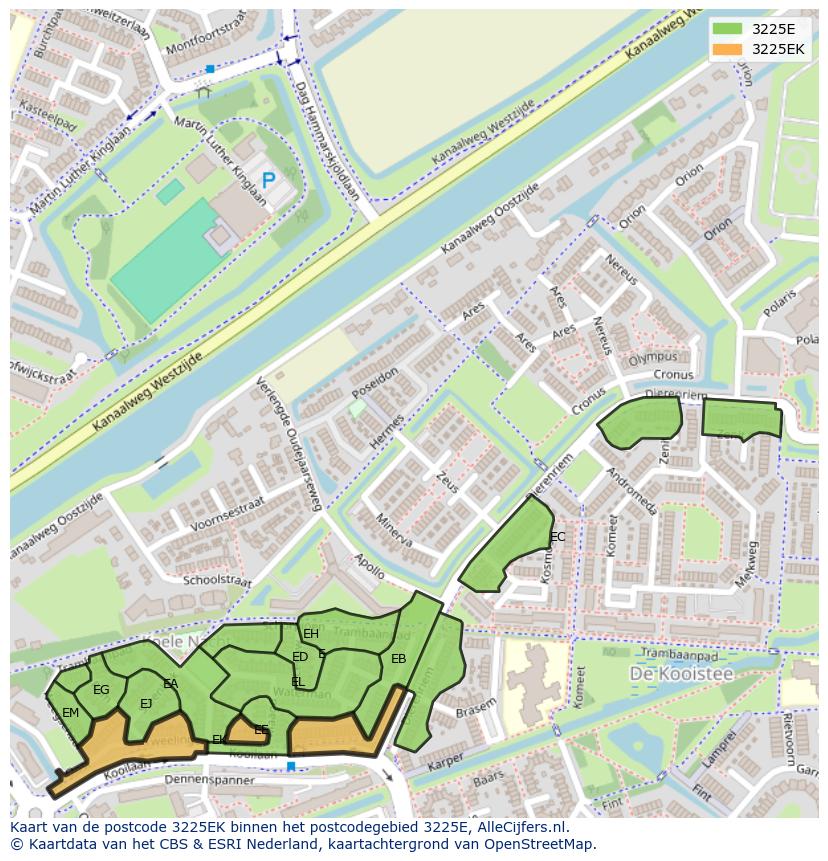 Afbeelding van het postcodegebied 3225 EK op de kaart.