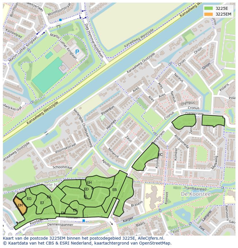 Afbeelding van het postcodegebied 3225 EM op de kaart.