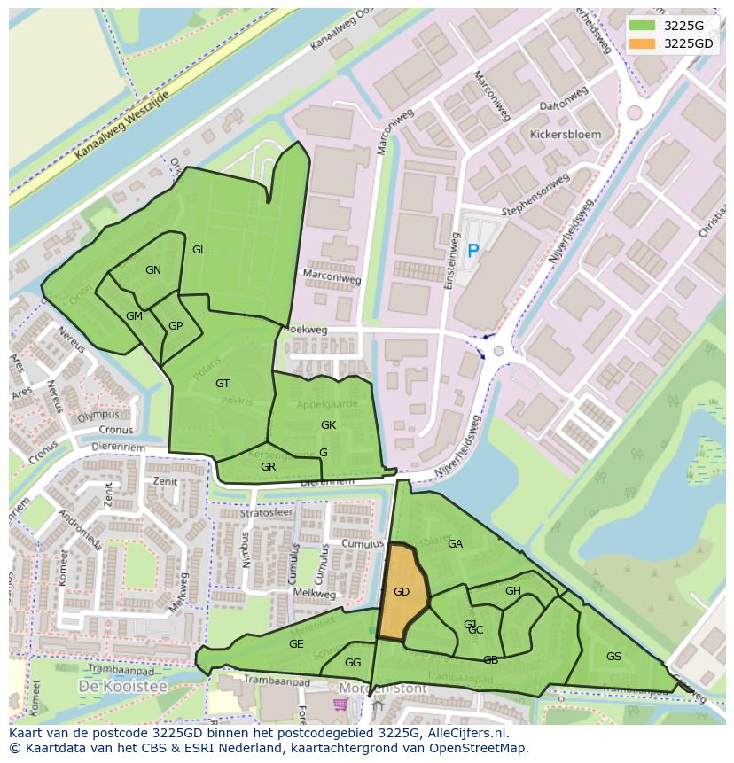 Afbeelding van het postcodegebied 3225 GD op de kaart.