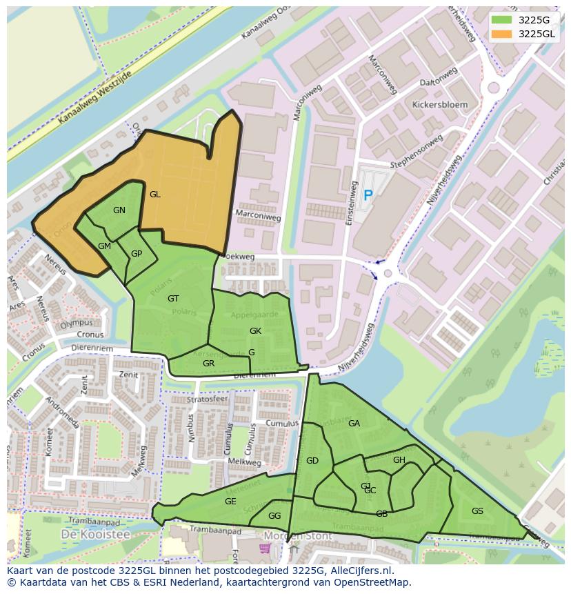 Afbeelding van het postcodegebied 3225 GL op de kaart.