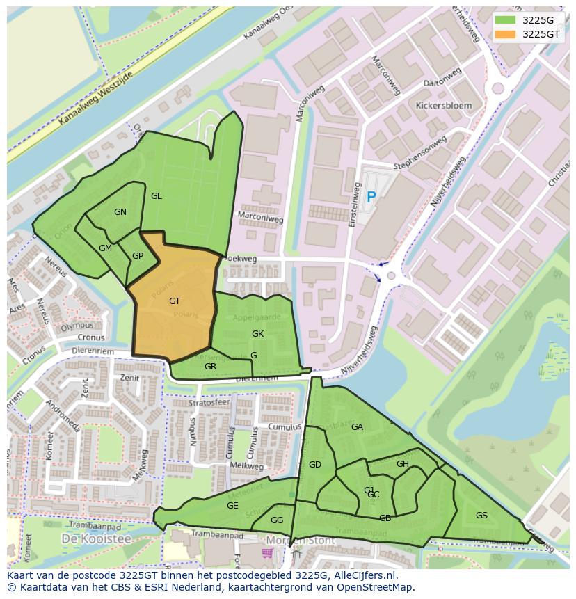 Afbeelding van het postcodegebied 3225 GT op de kaart.