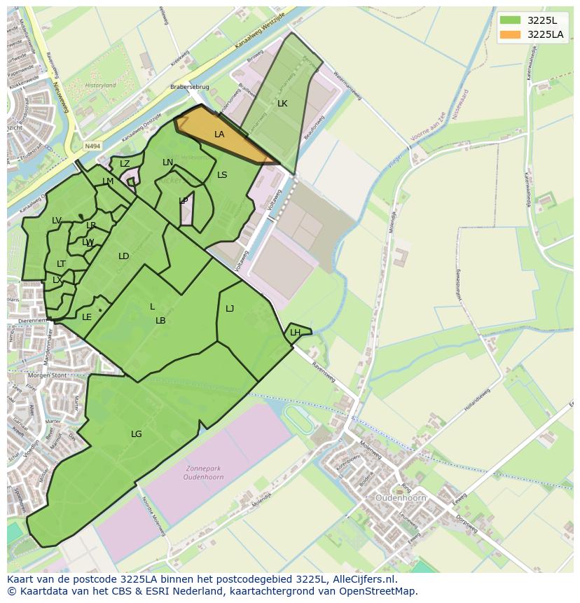 Afbeelding van het postcodegebied 3225 LA op de kaart.