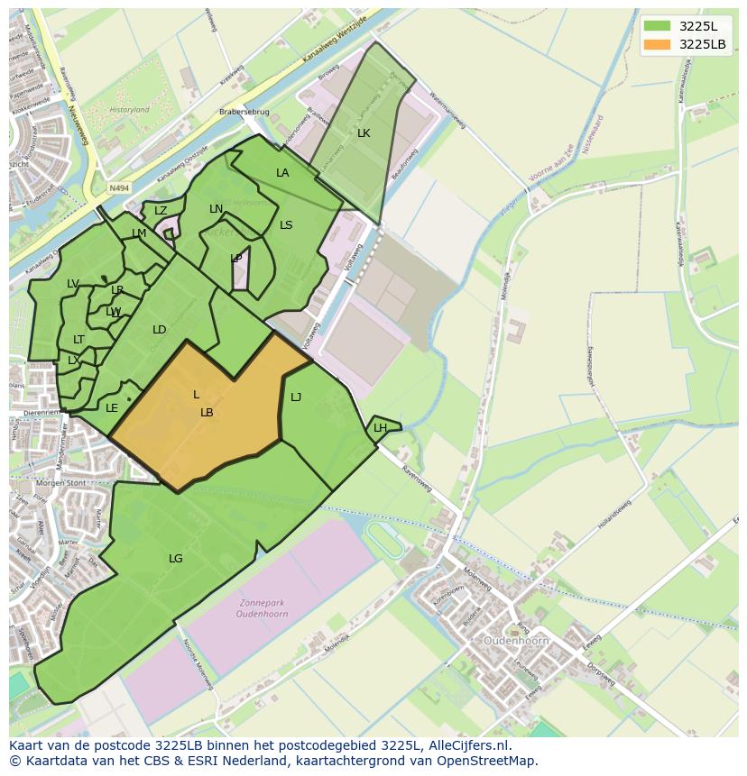 Afbeelding van het postcodegebied 3225 LB op de kaart.