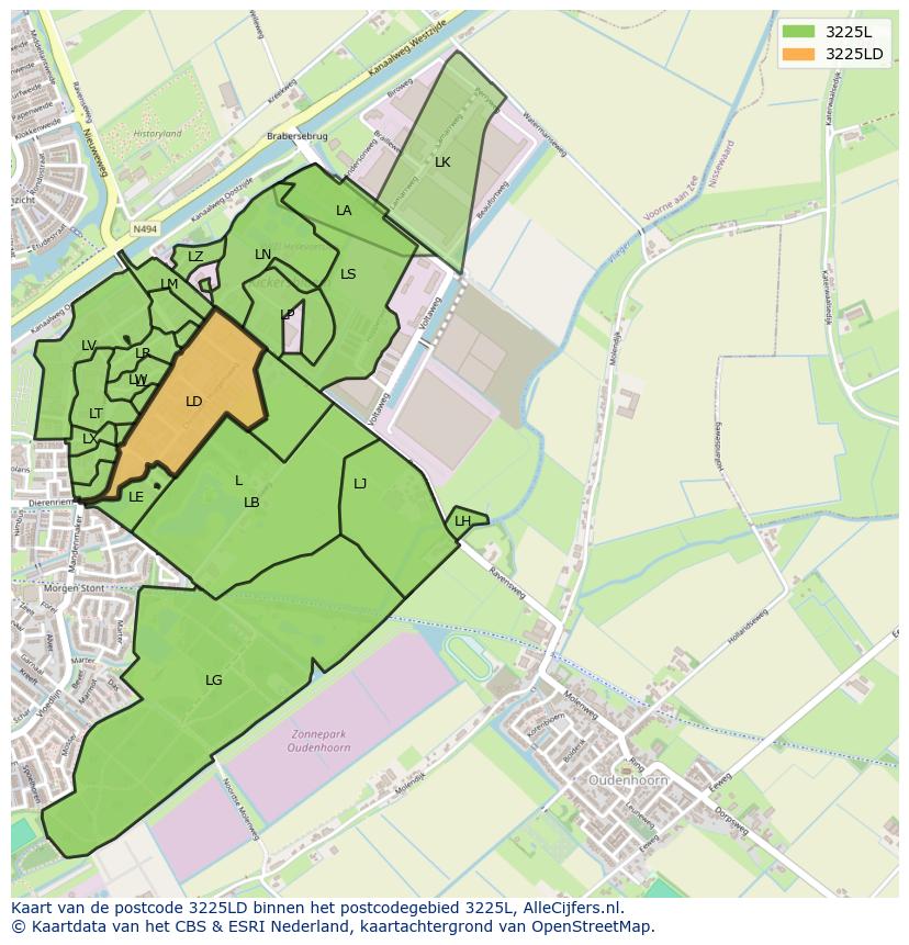 Afbeelding van het postcodegebied 3225 LD op de kaart.