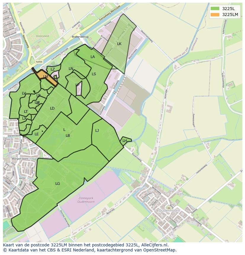 Afbeelding van het postcodegebied 3225 LM op de kaart.