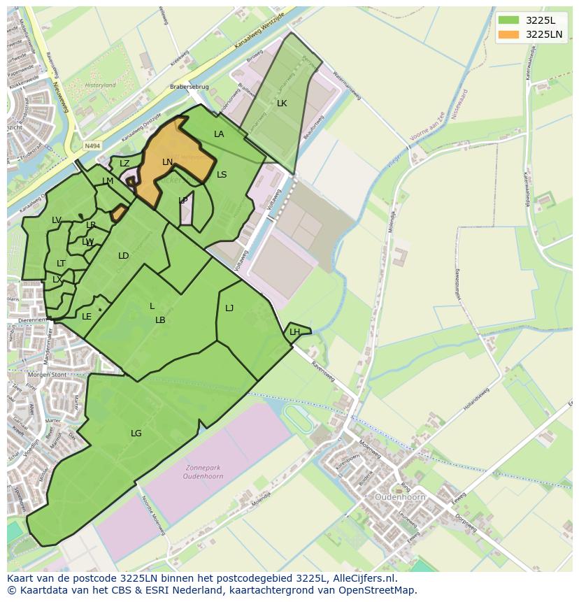 Afbeelding van het postcodegebied 3225 LN op de kaart.