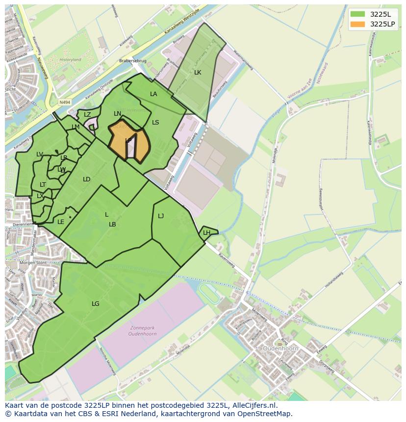 Afbeelding van het postcodegebied 3225 LP op de kaart.