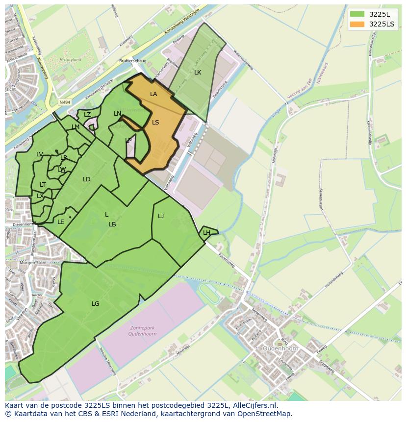 Afbeelding van het postcodegebied 3225 LS op de kaart.