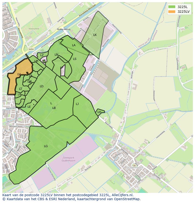 Afbeelding van het postcodegebied 3225 LV op de kaart.