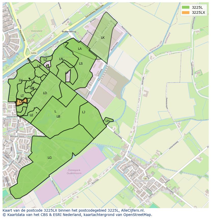 Afbeelding van het postcodegebied 3225 LX op de kaart.