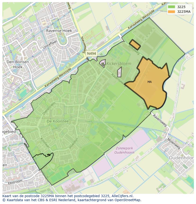 Afbeelding van het postcodegebied 3225 MA op de kaart.