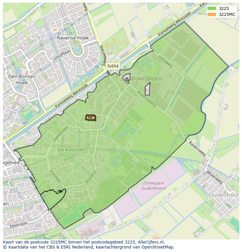 Afbeelding van het postcodegebied 3225 MC op de kaart.