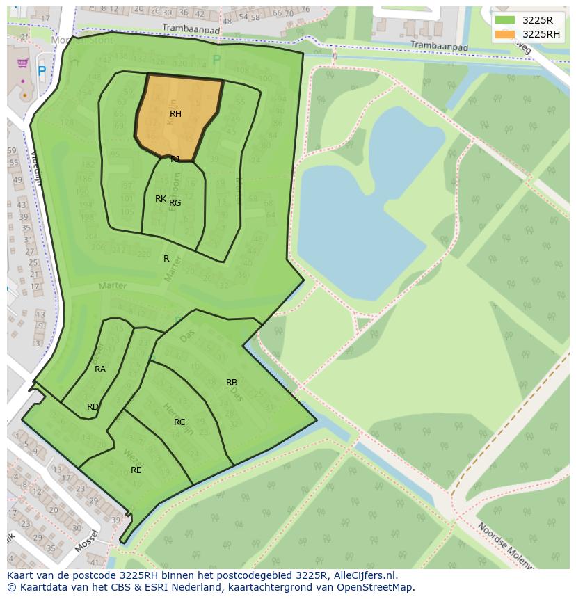 Afbeelding van het postcodegebied 3225 RH op de kaart.