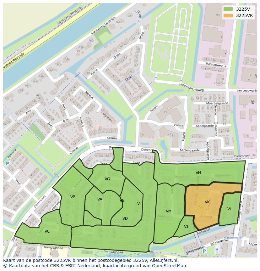 Afbeelding van het postcodegebied 3225 VK op de kaart.