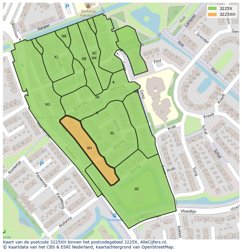 Afbeelding van het postcodegebied 3225 XH op de kaart.
