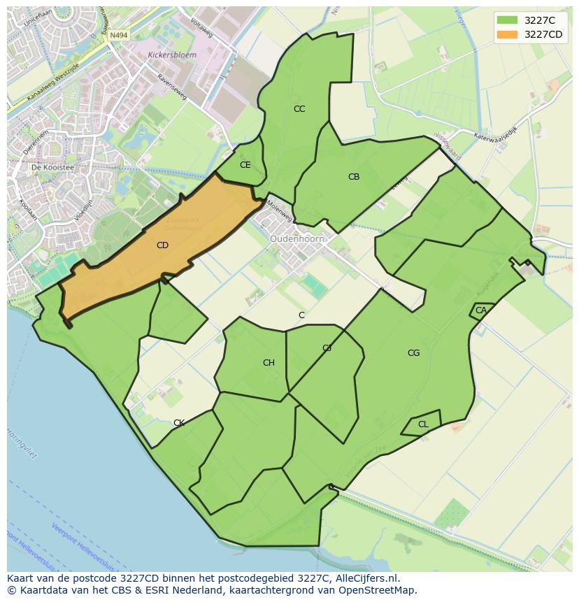 Afbeelding van het postcodegebied 3227 CD op de kaart.