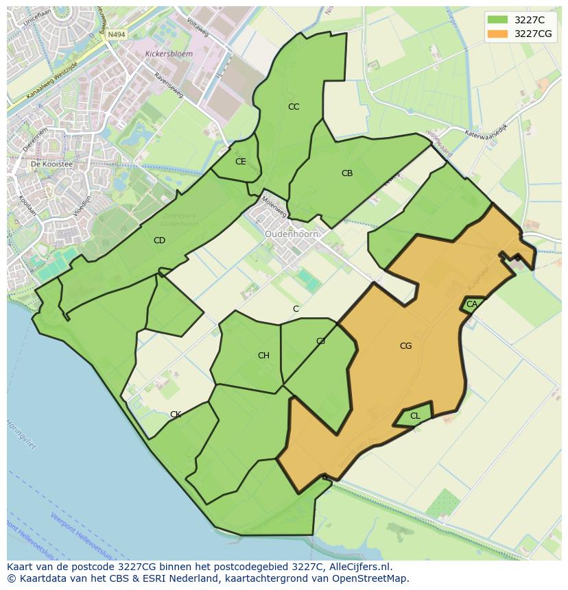 Afbeelding van het postcodegebied 3227 CG op de kaart.