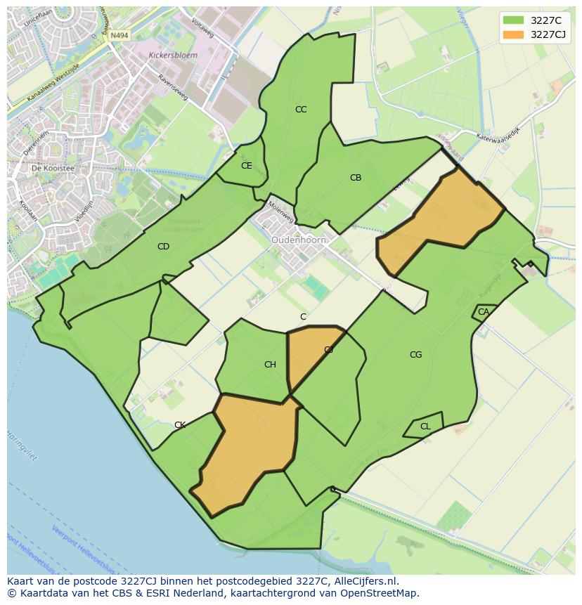 Afbeelding van het postcodegebied 3227 CJ op de kaart.