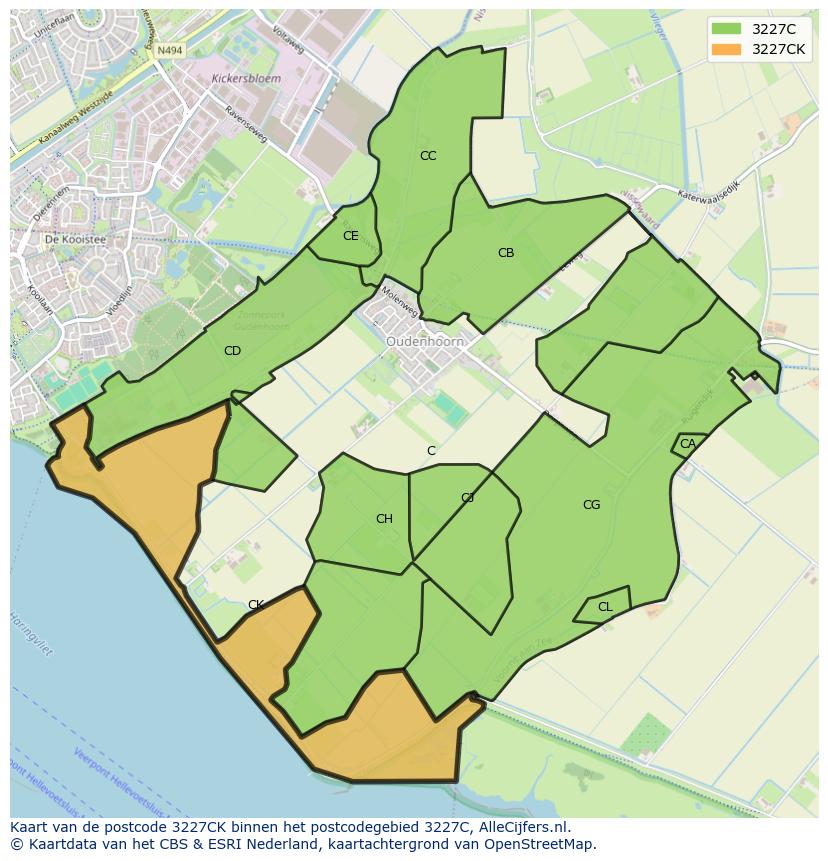 Afbeelding van het postcodegebied 3227 CK op de kaart.
